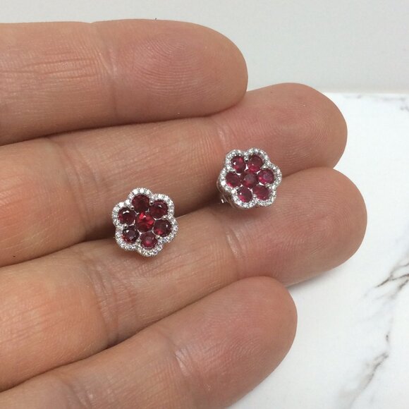 14k White Real Gold Natural Ruby Diamonds Flower cluster women Earrings - Picture 1 of 7